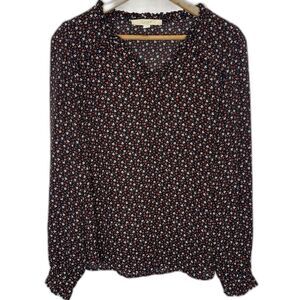 LOFT Blouse Ditzy Floral Pleated Ruffle V-Neck Puff Long Sleeve Womens S Black